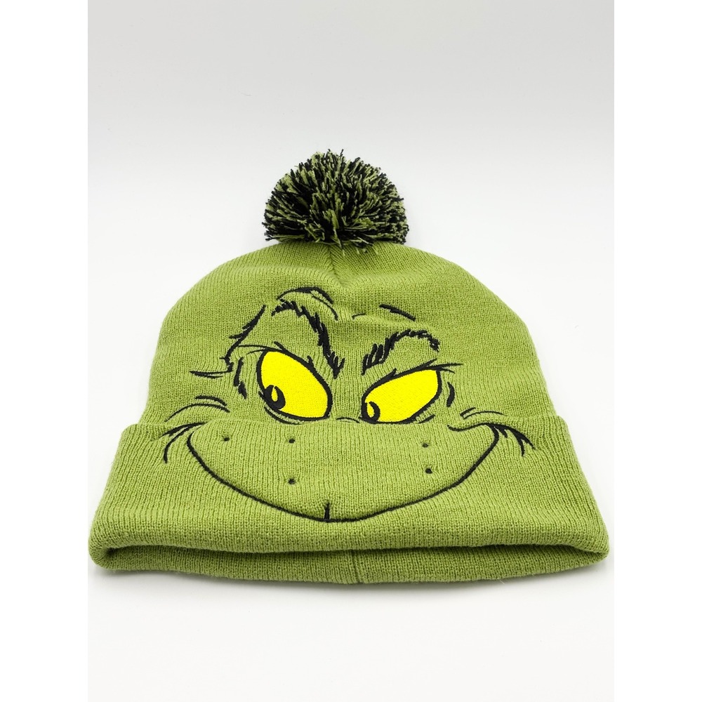 Dr. Seuss The Grinch Knit Beanie Hat Green Pom Pom Winter Cap Mens One Size